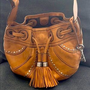 Fossil Leather Handbag with Metal Details & Tassels